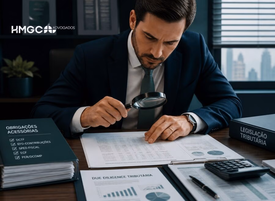 Advogado tributarista analisando documentos fiscais com lupa, rodeado de planilhas e checklists em mesa de escritório profissional.