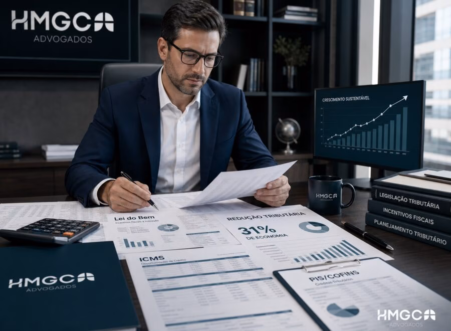 Executivo analisando documentos fiscais e planilhas de impostos em escritório moderno, com gráficos mostrando economia tributária de 31% e legislação brasileira