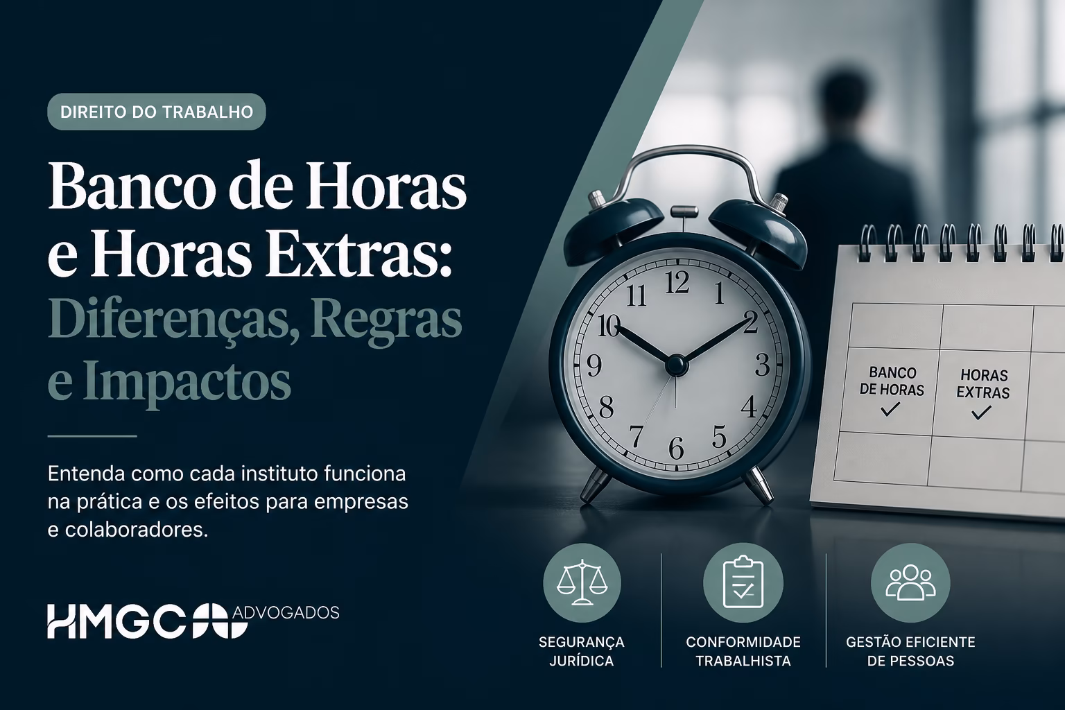 Comparação visual entre banco de horas e horas extras: calendário com horas compensadas versus contracheque com adicional