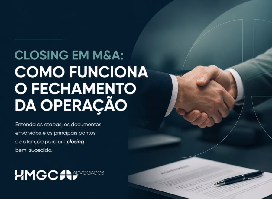 Imagem ilustrativa sobre closing em M&A mostrando conceitos de fechamento de operações com design moderno em tons azul e cinza.