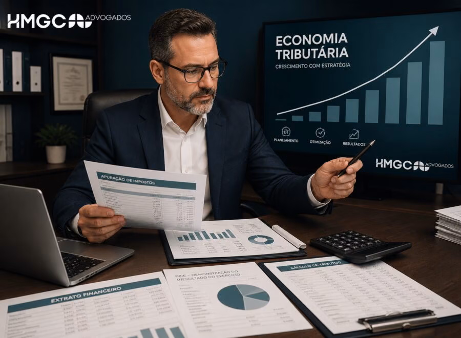 Advogado tributário analisando documentos fiscais e gráfico de crescimento, simbolizando otimização e redução de carga tributária empresarial.