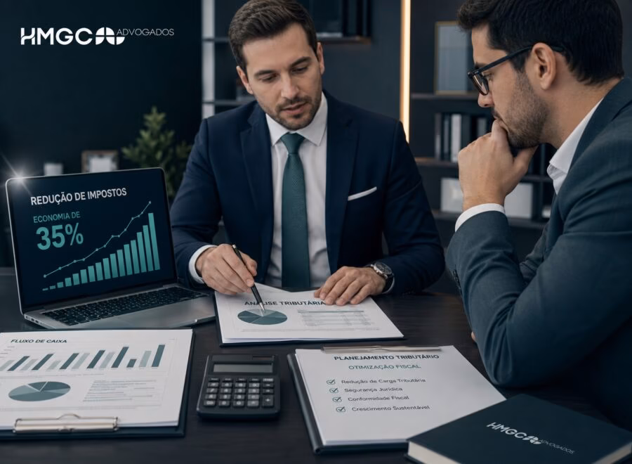 Advogado tributário e empresário em reunião analisando demonstrativos financeiros, gráficos de redução de impostos e fluxo de caixa otimizado.