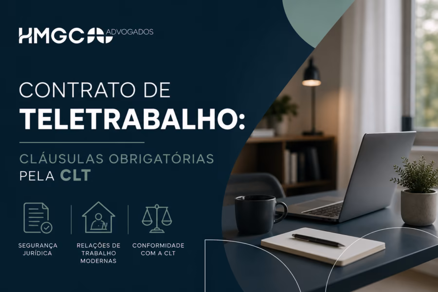 Documento de contrato de teletrabalho com anotações sobre cláusulas obrigatórias em mesa de trabalho