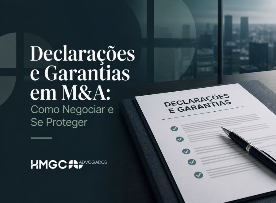 Imagem de cabeçalho profissional mostrando elementos de negociação M&A com paleta de cores em tons de azul-verde e branco