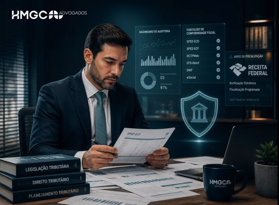 Advogado corporativo em escritório moderno revisa documentos fiscais e compliance com símbolo de proteção tributária ao fundo.