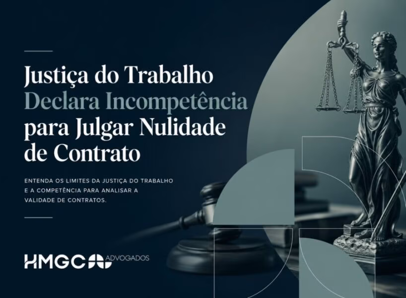 Imagem de cabeçalho profissional mostrando conceitos de justiça e contratos trabalhistas em tons azul e cinza