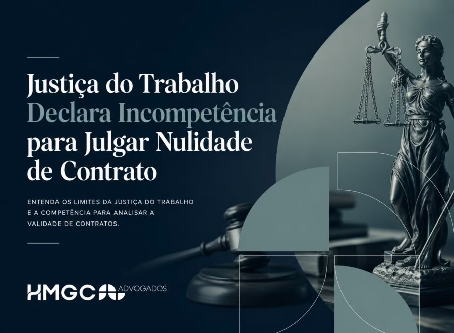 Imagem de cabeçalho profissional mostrando conceitos de justiça e contratos trabalhistas em tons azul e cinza