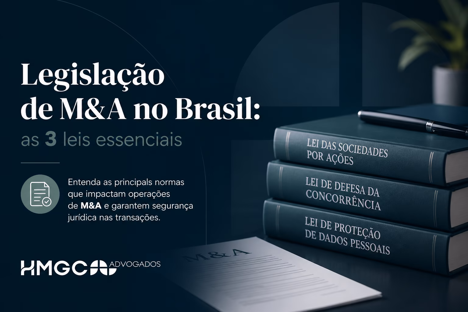 Diagrama esquemático dos três pilares da legislação de M&A no Brasil: Código Civil, Lei das S/A e Lei Antitruste, com setas indicando a intersecção entre eles.