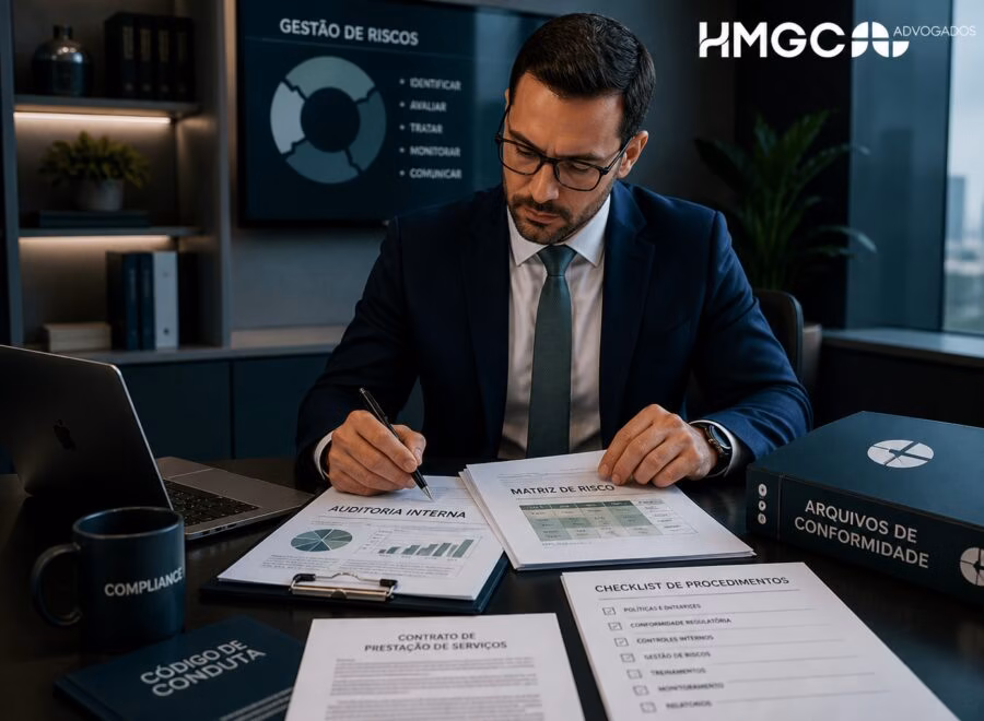 Profissional de compliance em escritório moderno analisando documentos de auditoria, riscos e conformidade em mesa organizada com contratos e checklists.