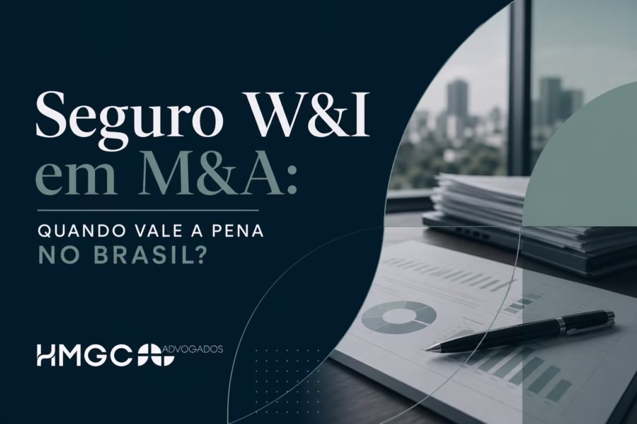 Representação visual da estrutura do seguro W&I em operações de M&A no Brasil, mostrando a relação entre due diligence, declarações e garantias do SPA, escrow account e cobertura de seguros.