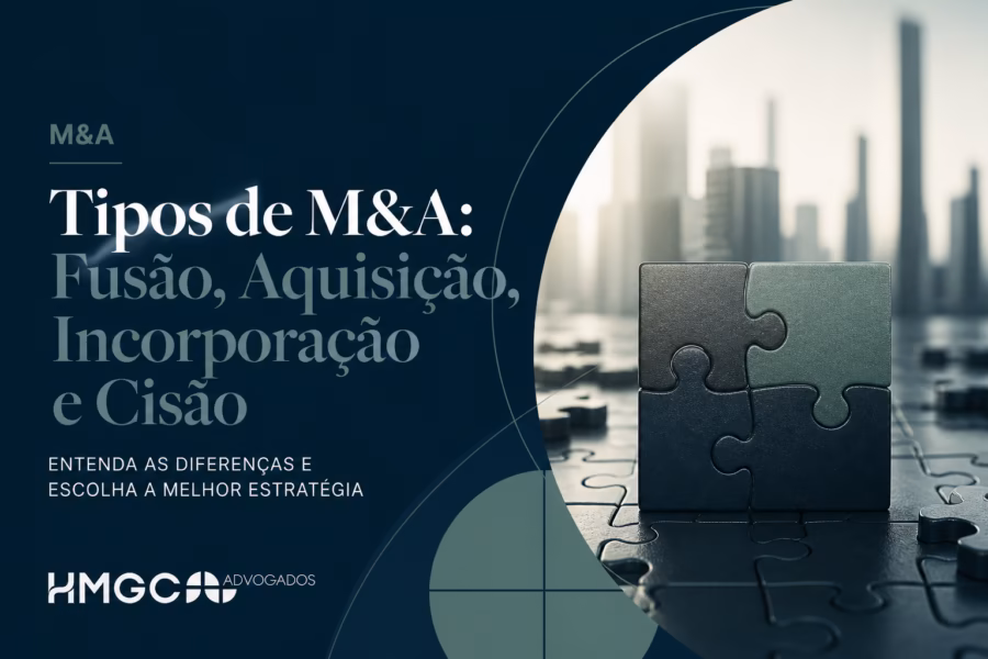 Tabela comparativa dos quatro tipos de operações de M&A: fusão, incorporação, cisão e aquisição, com efeitos sobre a pessoa jurídica, sucessão de obrigações e contextos de aplicação