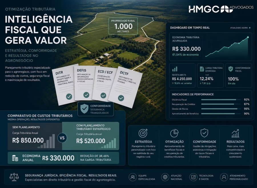 Infográfico de otimização tributária no agronegócio: propriedade rural, documentos fiscais, gráfico de economia de R$ 330 mil e dashboard de conformidade.