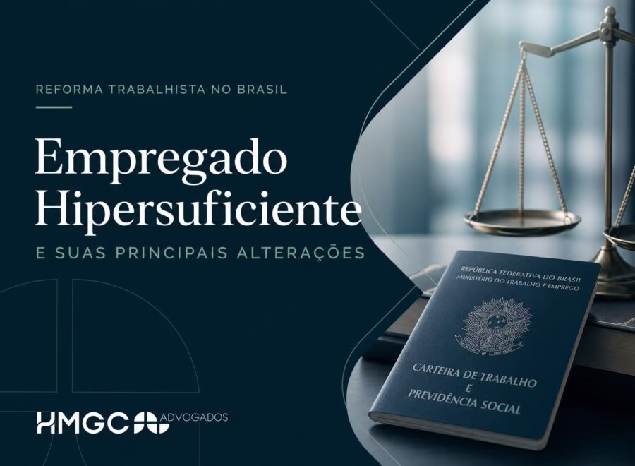Imagem editorial mostrando título "Reforma Trabalhista no Brasil - Empregado Hipersuficiente" em design moderno com cores azul, verde e branco