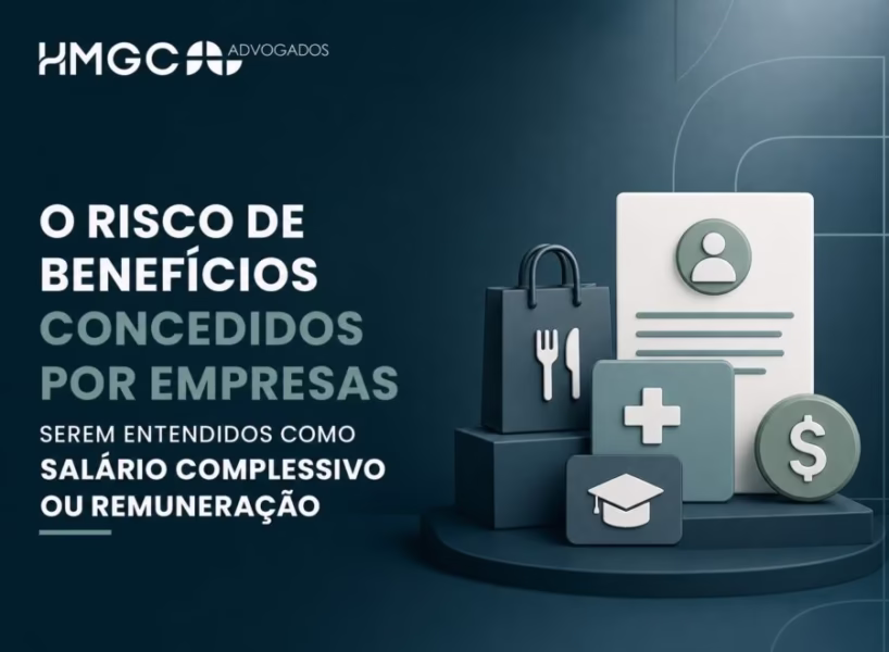 Ilustração profissional mostrando documentos e símbolos de benefícios empresariais com paleta azul e branco, representando riscos legais de salário complessivo.