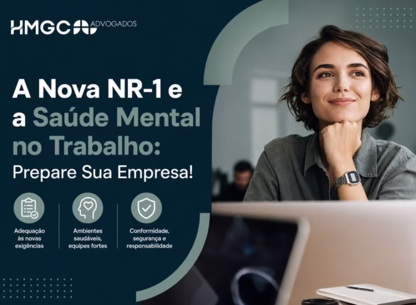 Ilustração moderna sobre NR-1 e saúde mental no trabalho com cores azul, verde e branco, representando preparação empresarial