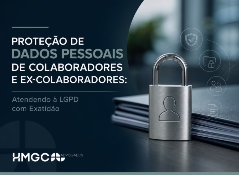 Ilustração profissional sobre proteção de dados pessoais de colaboradores conforme LGPD, em cores azul escuro, verde e branco.