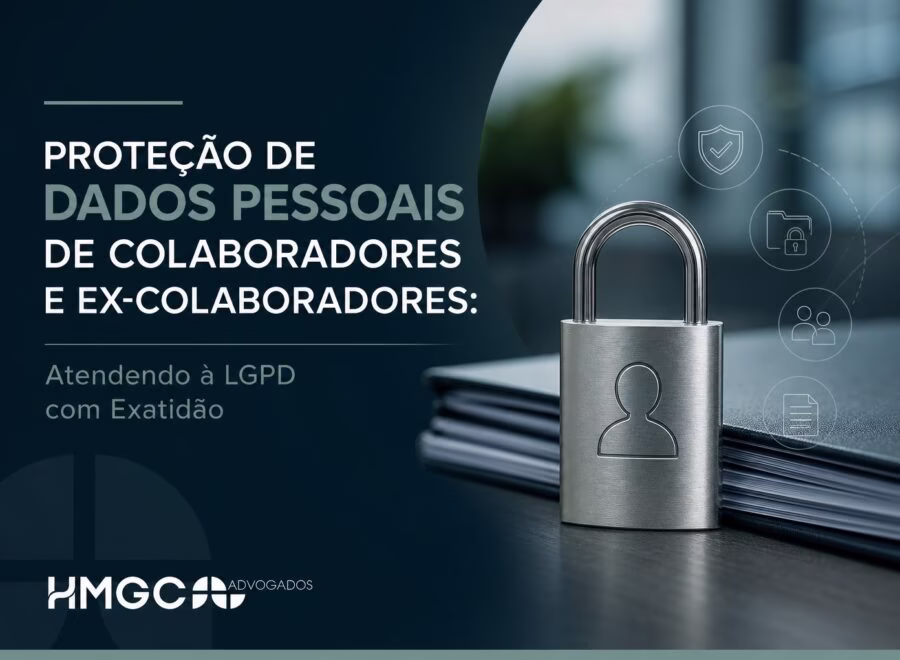 Ilustração profissional sobre proteção de dados pessoais de colaboradores conforme LGPD, em cores azul escuro, verde e branco.