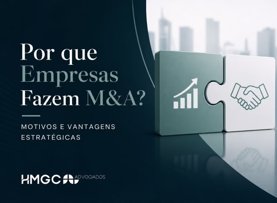 Ilustração moderna em tons azul-petróleo, cinza e branco sobre fusões e aquisições empresariais, estratégia corporativa.