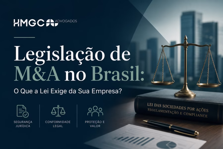 Cabeçalho profissional com título sobre legislação de M&A no Brasil, design moderno em tons azul, verde e branco