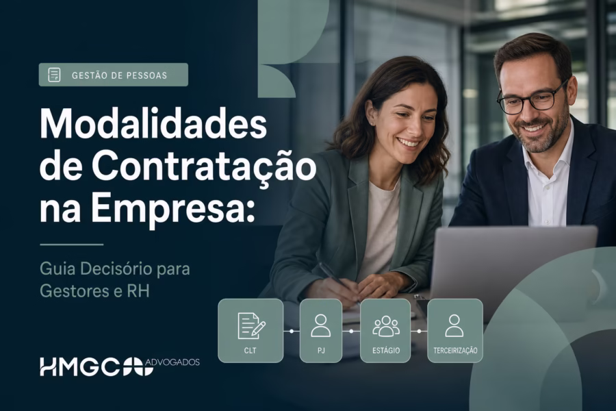 Imagem ilustrativa mostrando modalidades de contratação empresarial com elementos visuais em tons de azul e verde para gestores e RH.