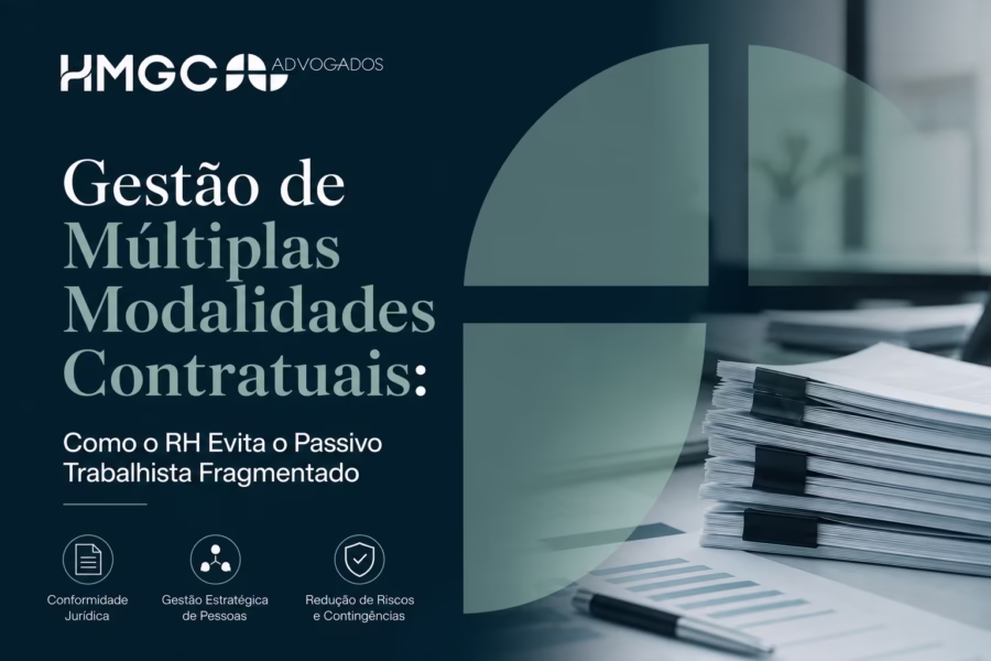 Ilustração profissional mostrando gestão de contratos trabalhistas com cores azul, verde e branco, representando organização e conformidade no RH.