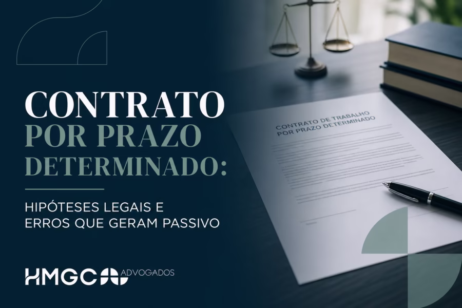 Ilustração moderna com tons de azul e verde sobre contratos por prazo determinado, hipóteses legais e passivos trabalhistas
