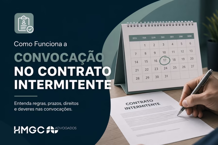 Ilustração moderna sobre convocação em contrato intermitente com paleta de cores azul marinho, verde e branco