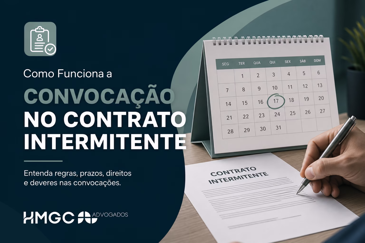 Ilustração moderna sobre convocação em contrato intermitente com paleta de cores azul marinho, verde e branco