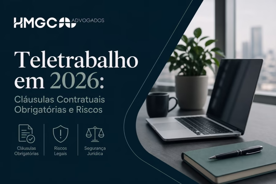 Cabeçalho editorial moderno para artigo sobre teletrabalho em 2026, cláusulas contratuais e riscos legais em tons azul, verde e branco.
