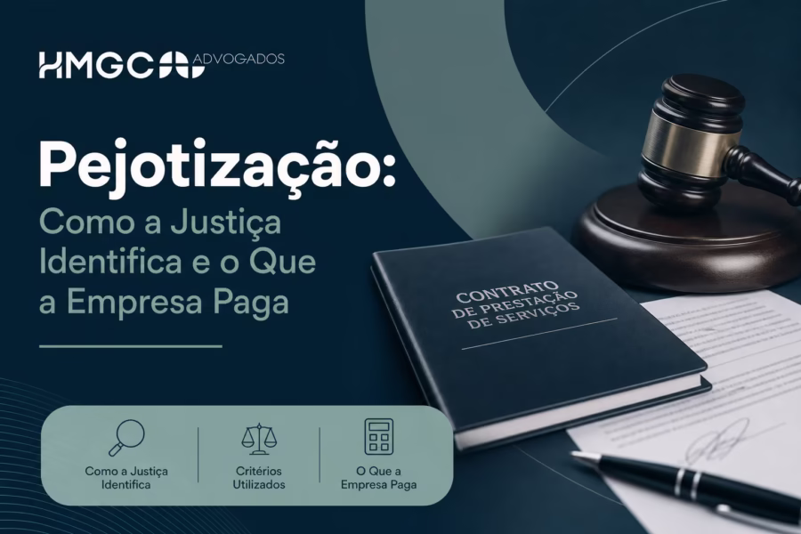 Imagem ilustrativa sobre pejotização: pessoa trabalhando em computador com elementos de justiça e legislação em tons azuis e brancos.