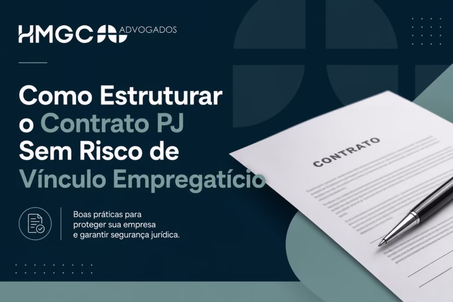 Contrato PJ profissional: estrutura segura sem risco de vínculo empregatício, em tons azul-petróleo e verde-menta.