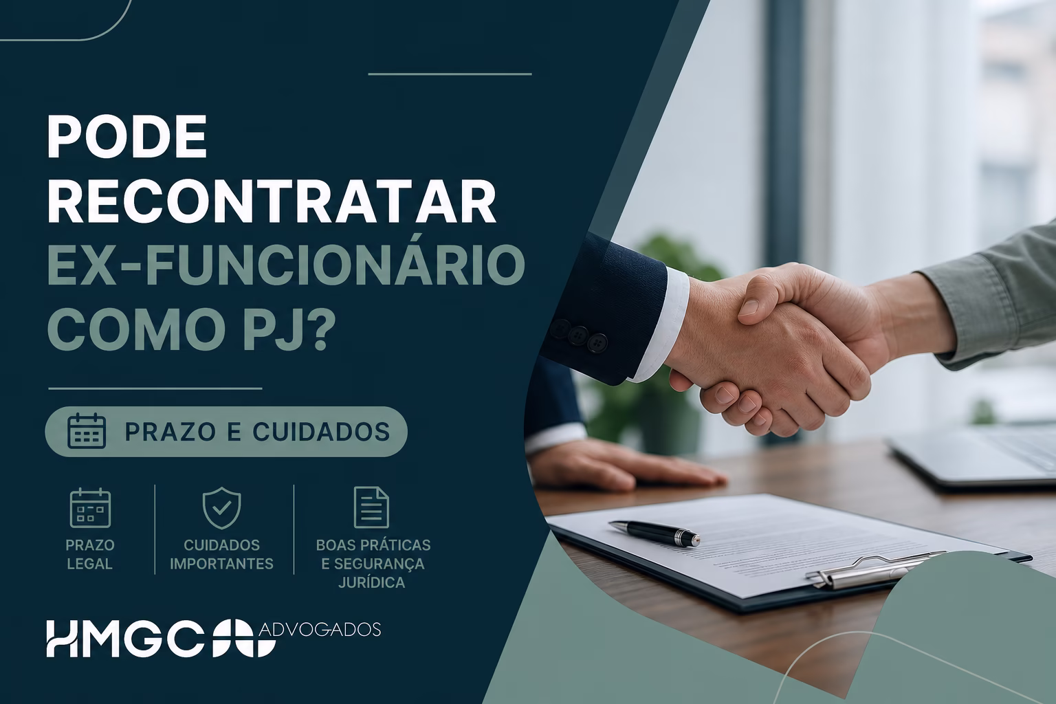 Imagem ilustrativa mostrando contratação de ex-funcionário como PJ, com elementos profissionais em tons azul, verde e branco.