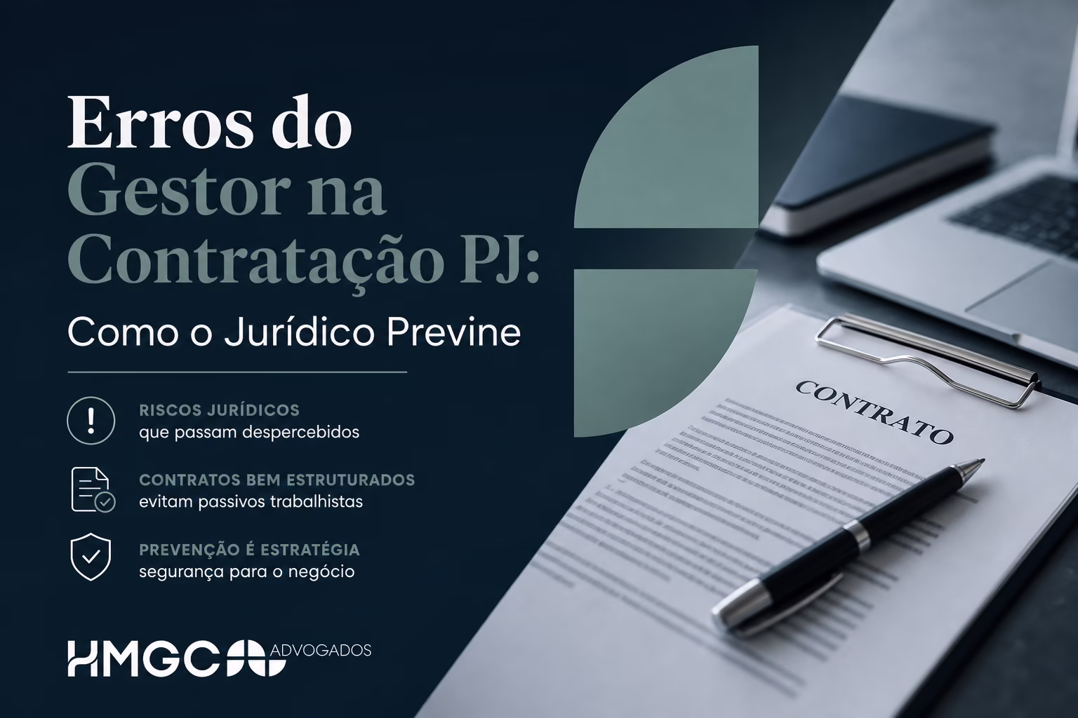 Imagem profissional mostrando conceitos de contratação PJ e prevenção jurídica com paleta de cores em tons de azul, verde e branco