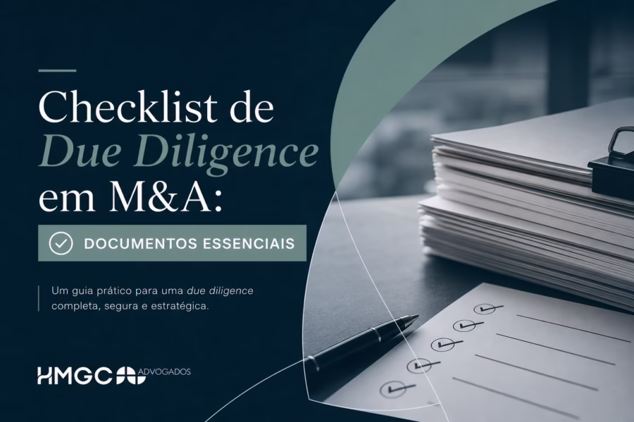 Checklist de documentos essenciais para due diligence em fusões e aquisições com paleta de cores profissional em tons azul e cinza.