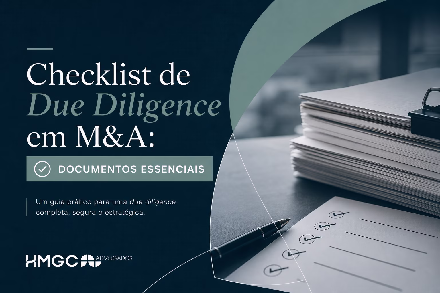 Checklist de documentos essenciais para due diligence em fusões e aquisições com paleta de cores profissional em tons azul e cinza.