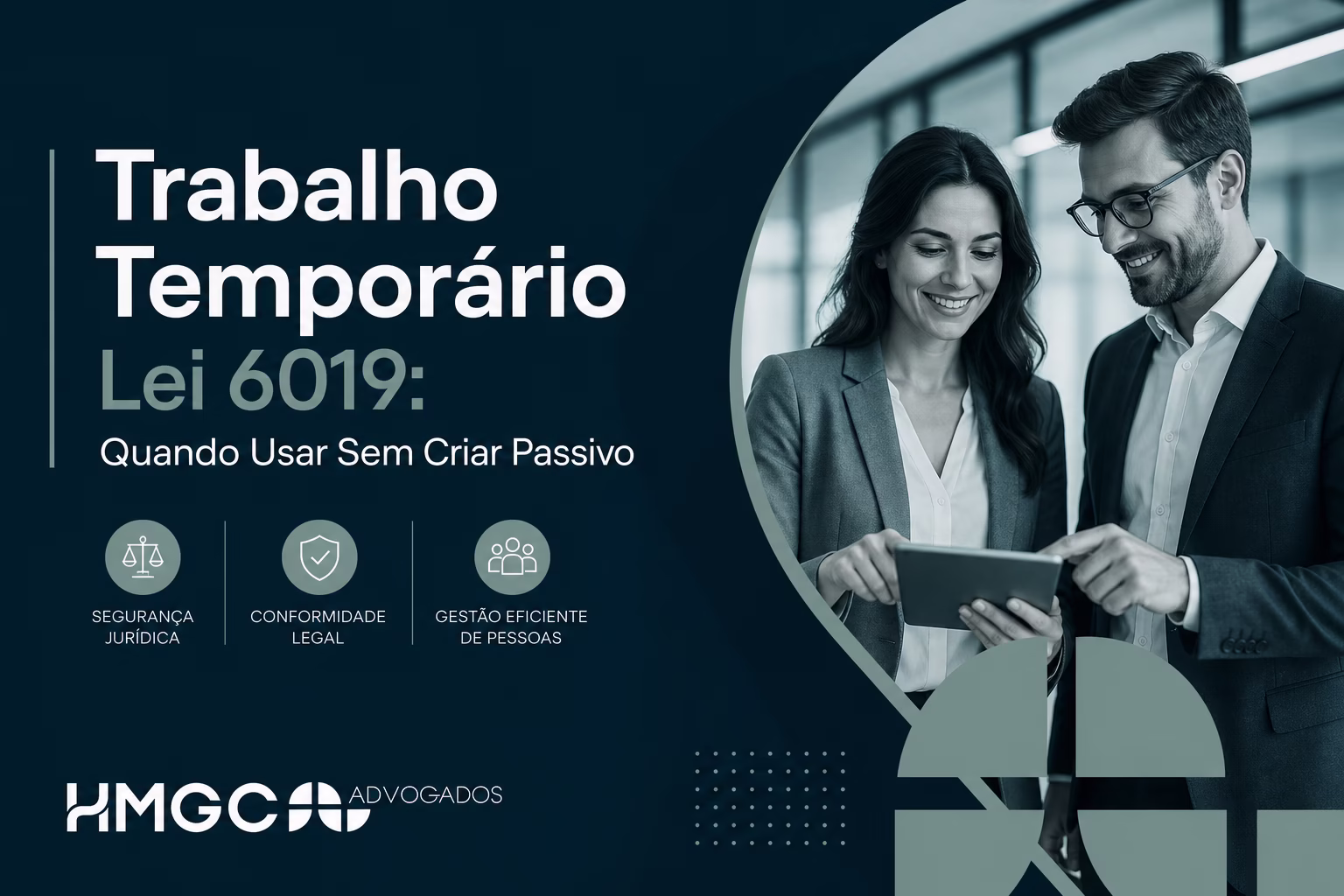 Cabeçalho profissional sobre Lei 6019 de trabalho temporário com paleta em azul-marinho, verde suave e branco