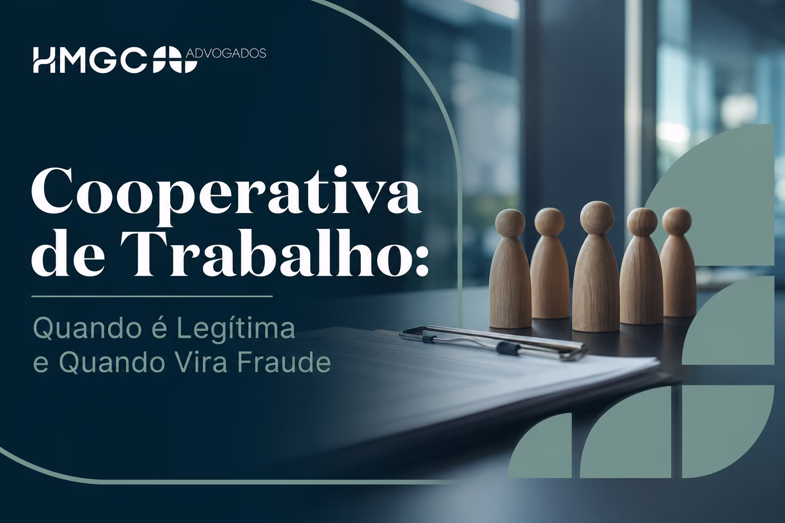 Ilustração moderna sobre cooperativas de trabalho legítimas versus fraudes, em tons azul escuro, verde e branco.