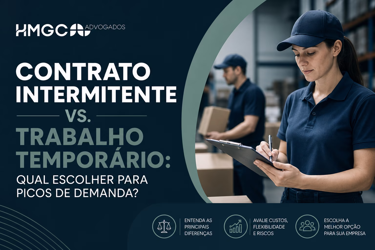 Comparação visual entre contrato intermitente e trabalho temporário com cores profissionais azul, verde e branco para artigo sobre demanda flutuante.