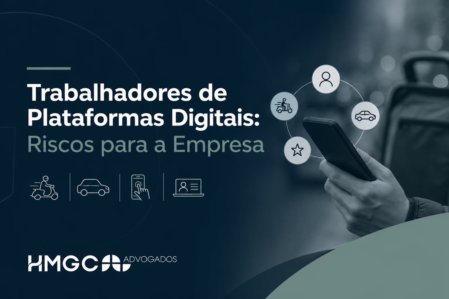 Ilustração moderna com cores azul-escuro, verde e branco mostrando riscos de trabalhadores em plataformas digitais