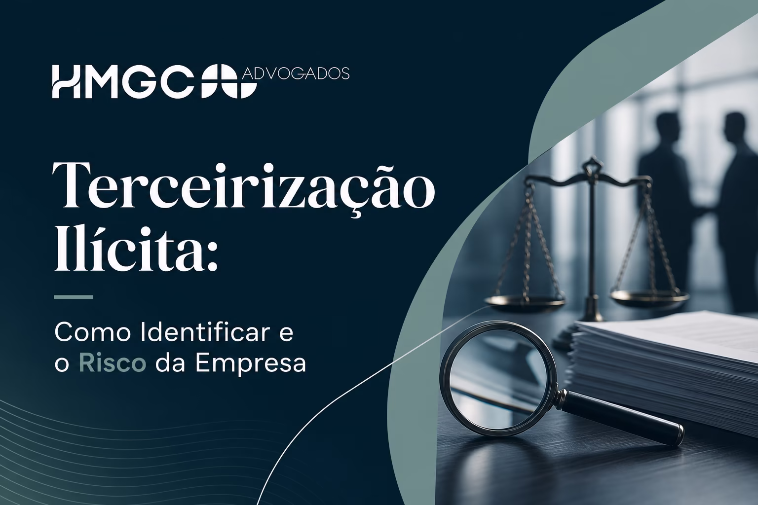 Ilustração profissional mostrando conceito de terceirização ilícita com cores azul, cinza e branco, representando riscos empresariais