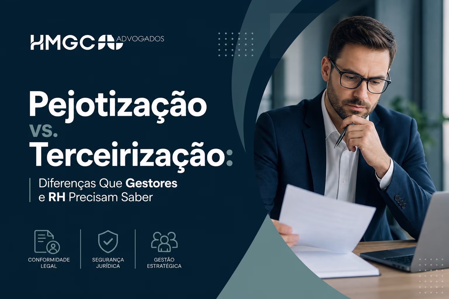 Comparação visual entre pejotização e terceirização com elementos gráficos modernos em tons de azul, verde e branco para gestores e RH.
