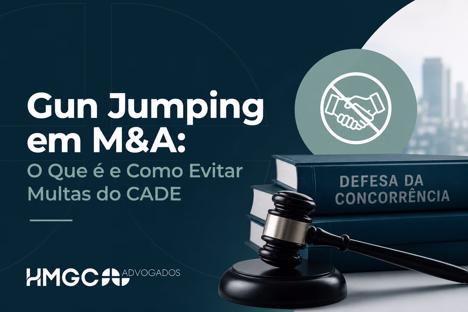 Ilustração moderna sobre gun jumping em M&A com cores azul escuro, verde e branco, representando compliance e regulação do CADE