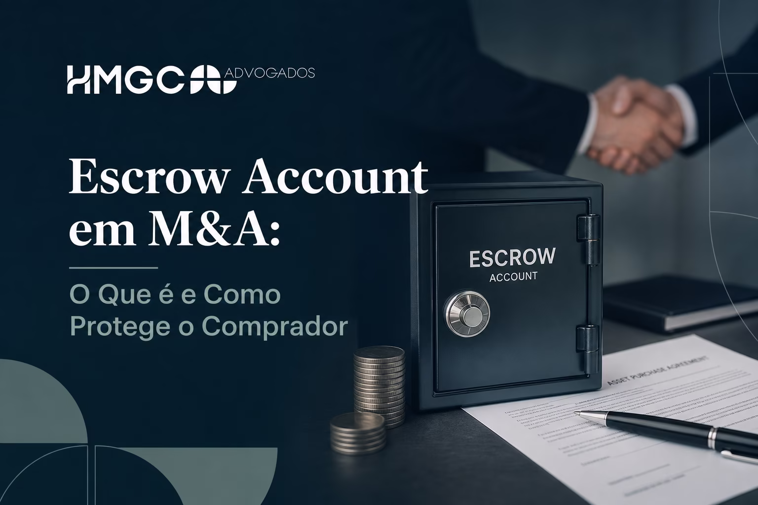 Ilustração moderna sobre Escrow Account em M&A, mostrando proteção do comprador em fusões e aquisições com paleta de cores profissional.