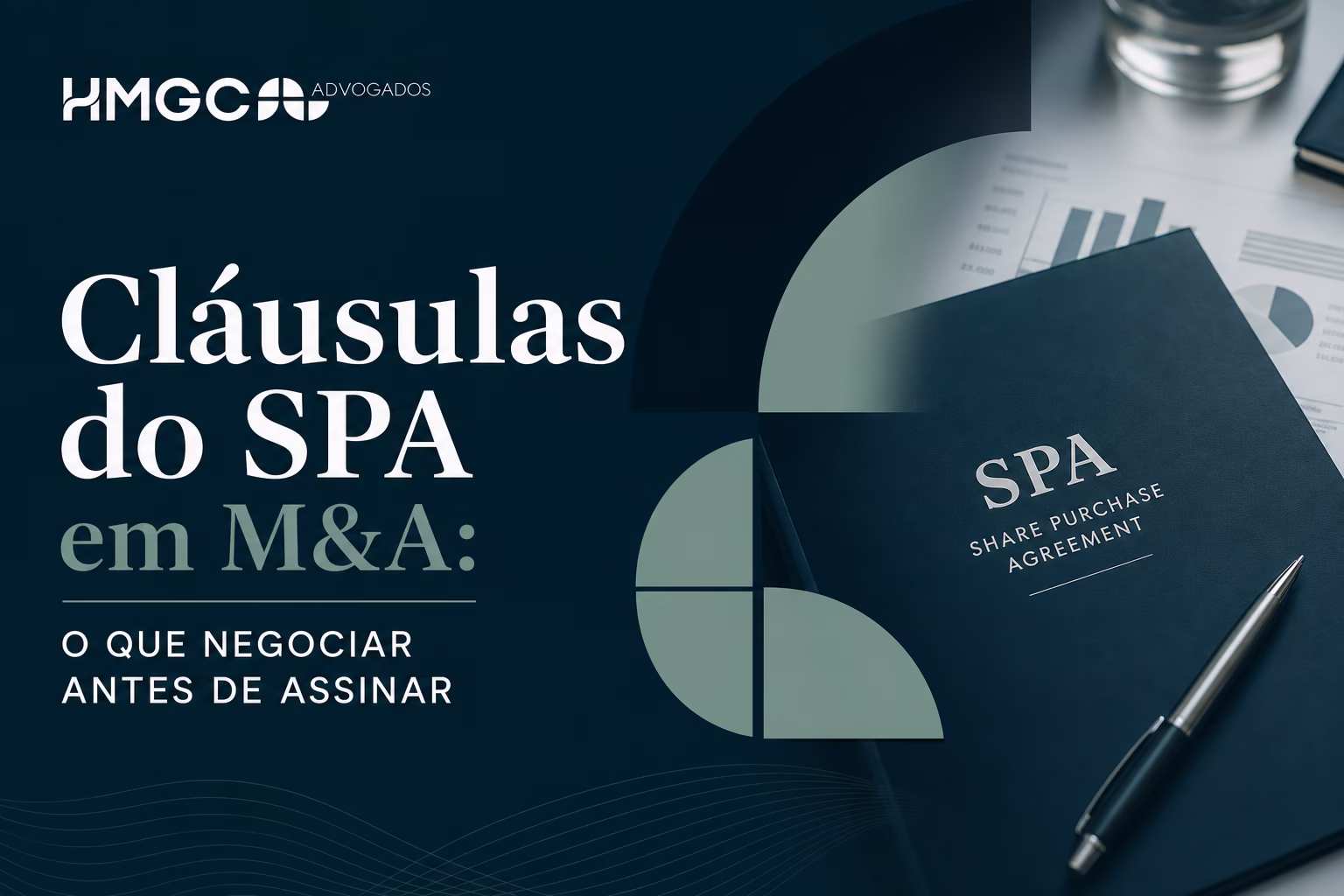 Cabeçalho profissional mostrando cláusulas de SPA em M&A com paleta moderna em azul, verde e branco para artigo sobre negociação