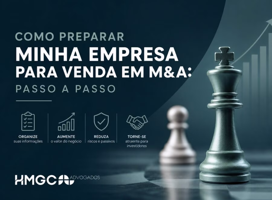 Ilustração profissional com tons azul escuro, verde e branco mostrando conceitos de preparação empresarial para fusões e aquisições.
