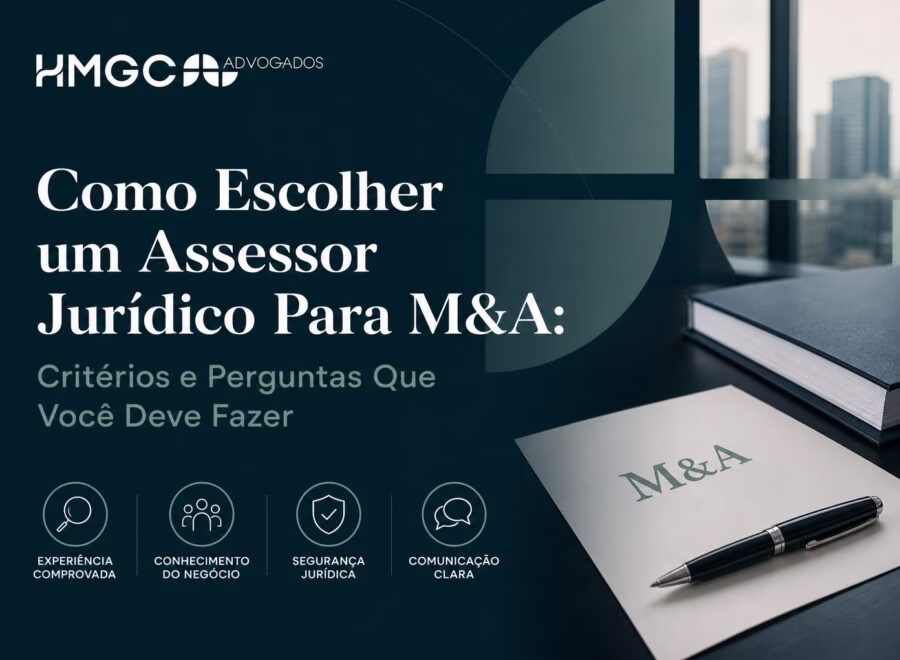 Profissional de direito em reunião de M&A analisando documentos com cores azul, verde e branco