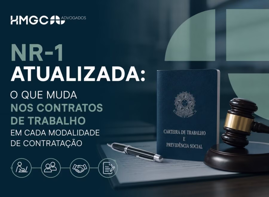 Imagem editorial moderna sobre atualização da NR-1 e mudanças nos contratos de trabalho em diferentes modalidades de contratação