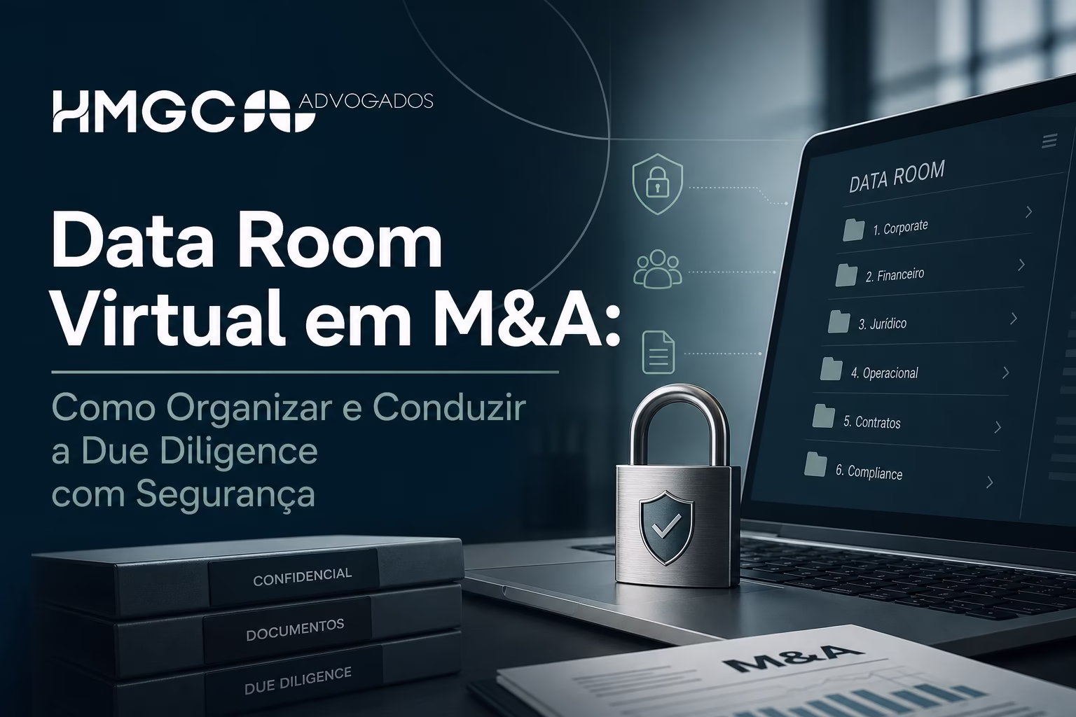 Estrutura organizada de pasta em data room virtual com ícones de segurança, permissões de usuário e documentos compartilhados em uma transação de M&A