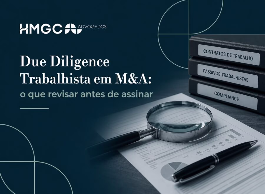 Imagem de cabeçalho profissional mostrando conceitos de due diligence trabalhista em fusões e aquisições com design moderno