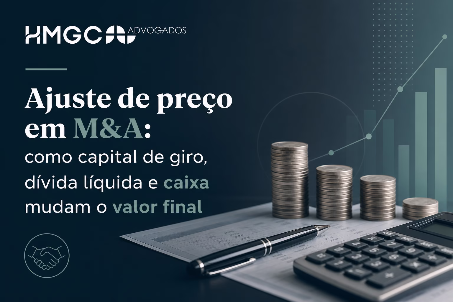 Ilustração de fórmula de ajuste de preço em M&A mostrando enterprise value, dívida líquida e capital de giro na composição do equity value